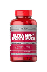 Puritan's Pride Ultra Man Sports Multivitamins 90 caplets bottle, high potency timed release for active men.